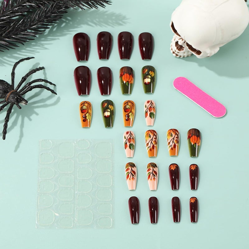 CJDLTS Thanksgiving Press on Nails Medium Ballet Shaped Fall Maple Leaf Pumpkin Pattern Acrylic False Nail Full Cover Glossy Autumn Stick on Nail Festival Artificial Fingernails Glue on Nails for Women 24Pcs - Image 4